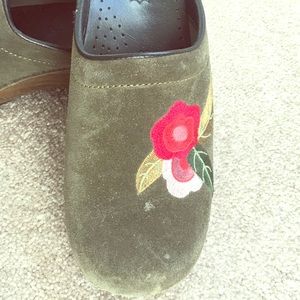 Dansko Green Embroidered Clogs.